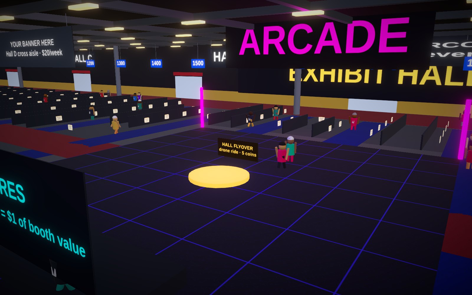 The arcade plaza in the middle of the hall at night